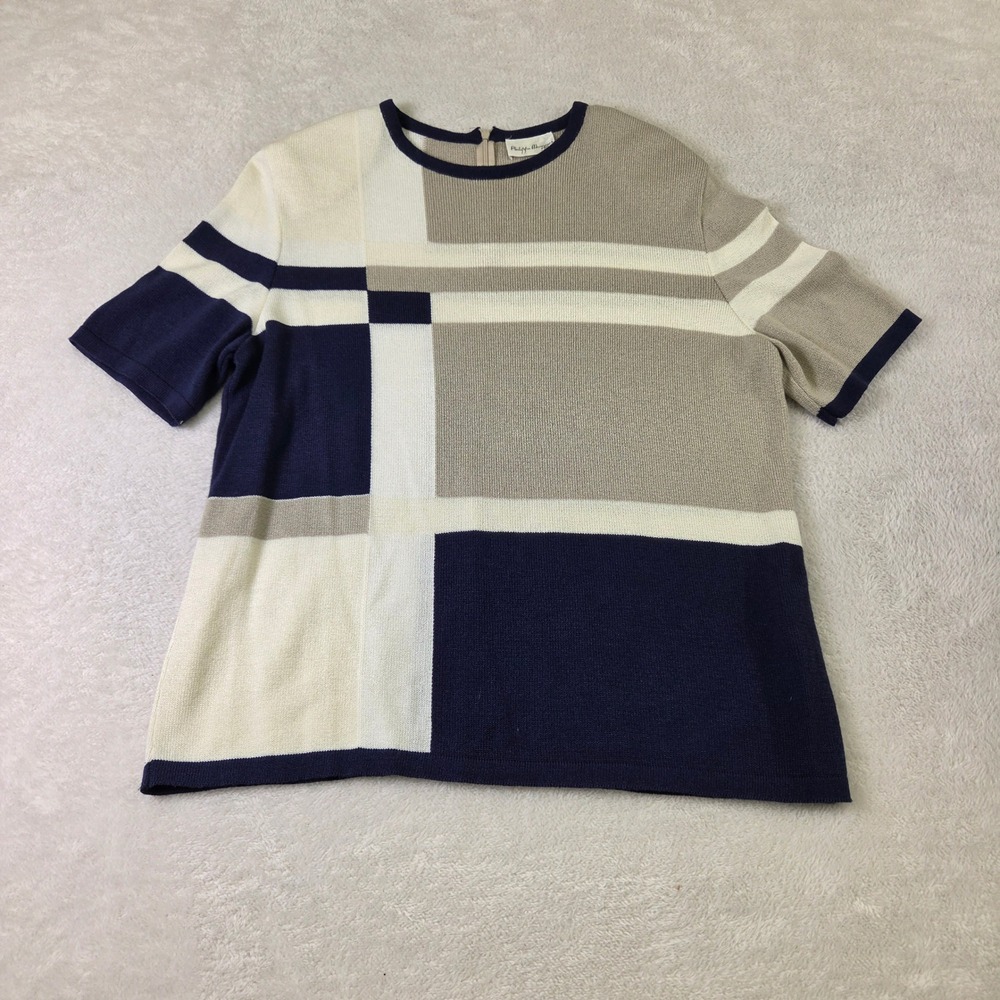 Philippe Marques Vintage Colorblock Knit Top Navy Tan Cream Geometric Size 14